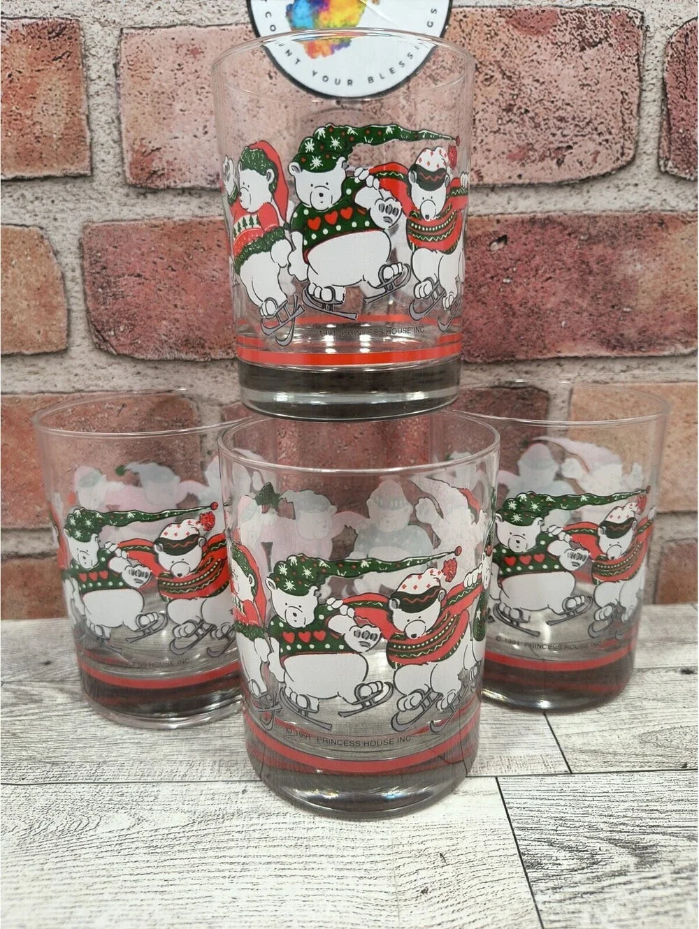 1991 Princess House Polar Bear Ice Skating Tumblers Christmas Heritage Set of 4